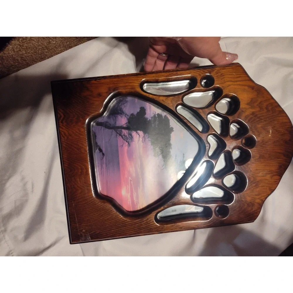Handmade Wall Hanging With Mirror And Pict Of A Sunset. Shaped Like A Bear Paw